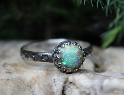 Opal Ring * Solid Sterling Silver Ring* Moon and Stars Pattern Band * 8mm Full Moon * 14x10mm* Monarch Opal *  Any Size - image4
